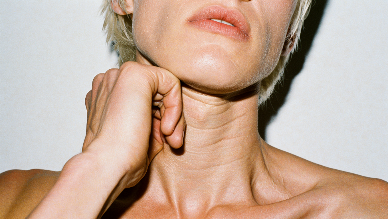 Close-up of a person's rubbing their neck and jaw with their knuckles, on a neutral background