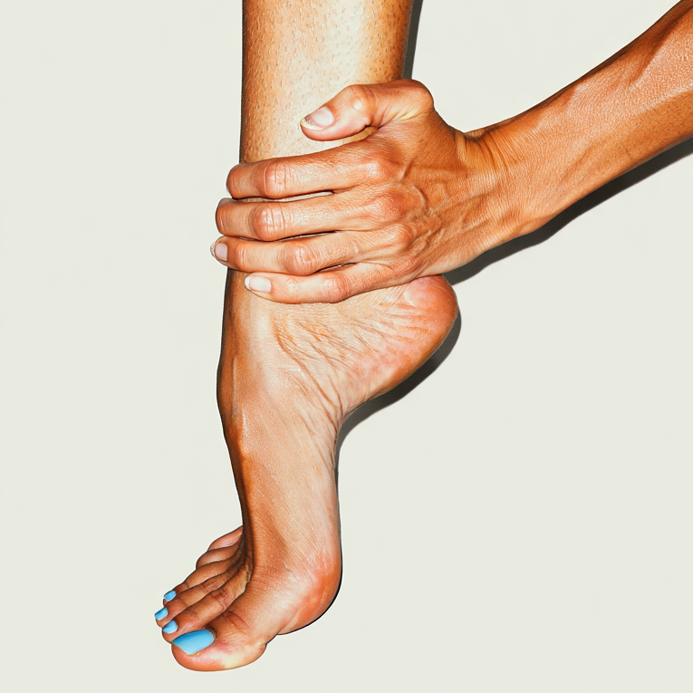 Hand rubbing an ankle, of an arched foot with a plain background