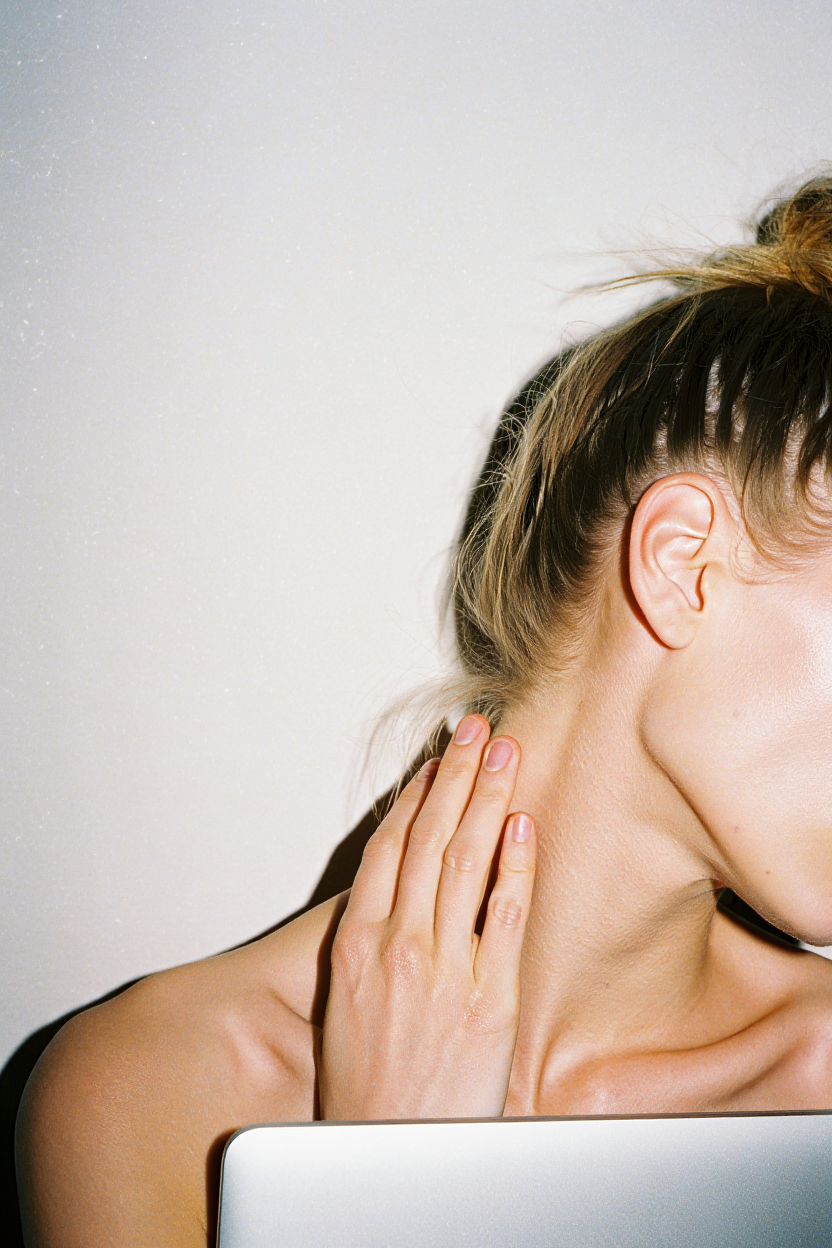 Woman, wiht her hair in a bun, rubbing the side of her neck, while sitting at her laptop, against a plain background