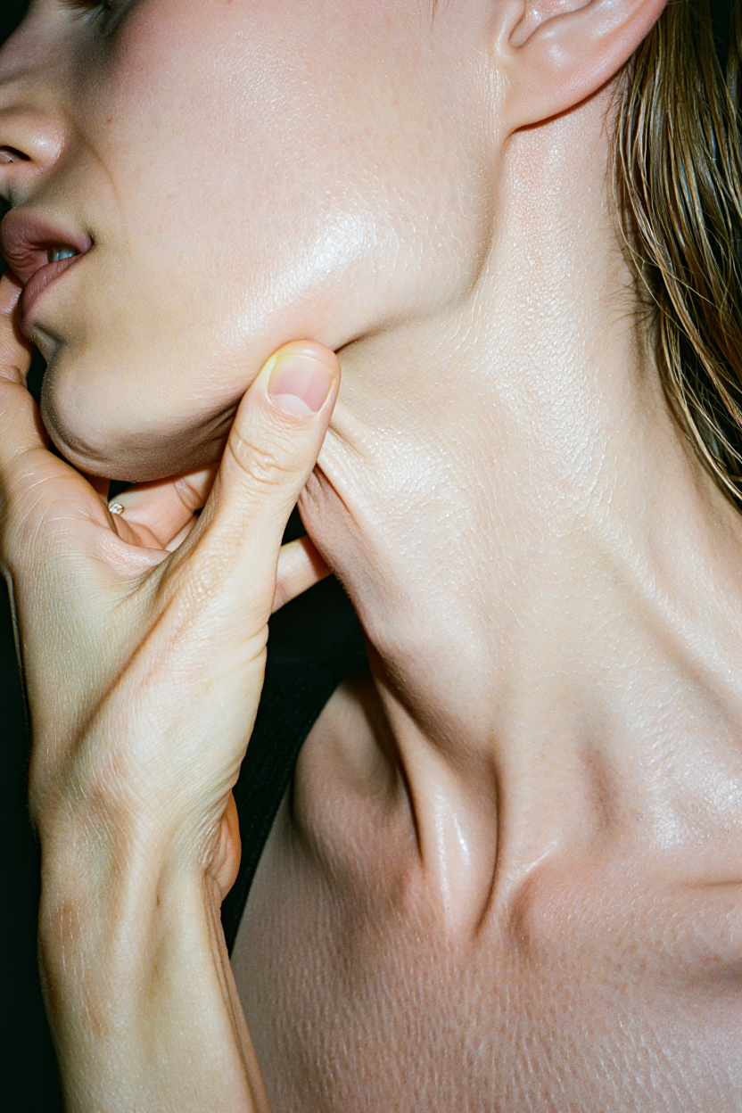 Close-up of a person's hand on their jaw