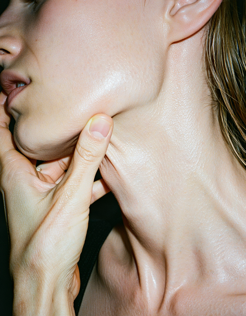 Close-up of a person touching their jaw with their hand