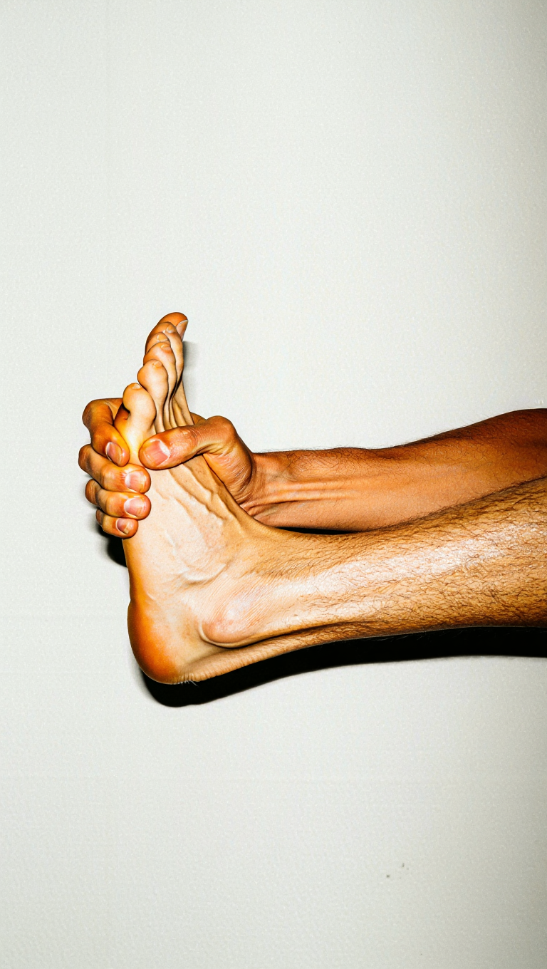 Close-up of a person's foot, gripping their metatarsals with their right hand, a white background