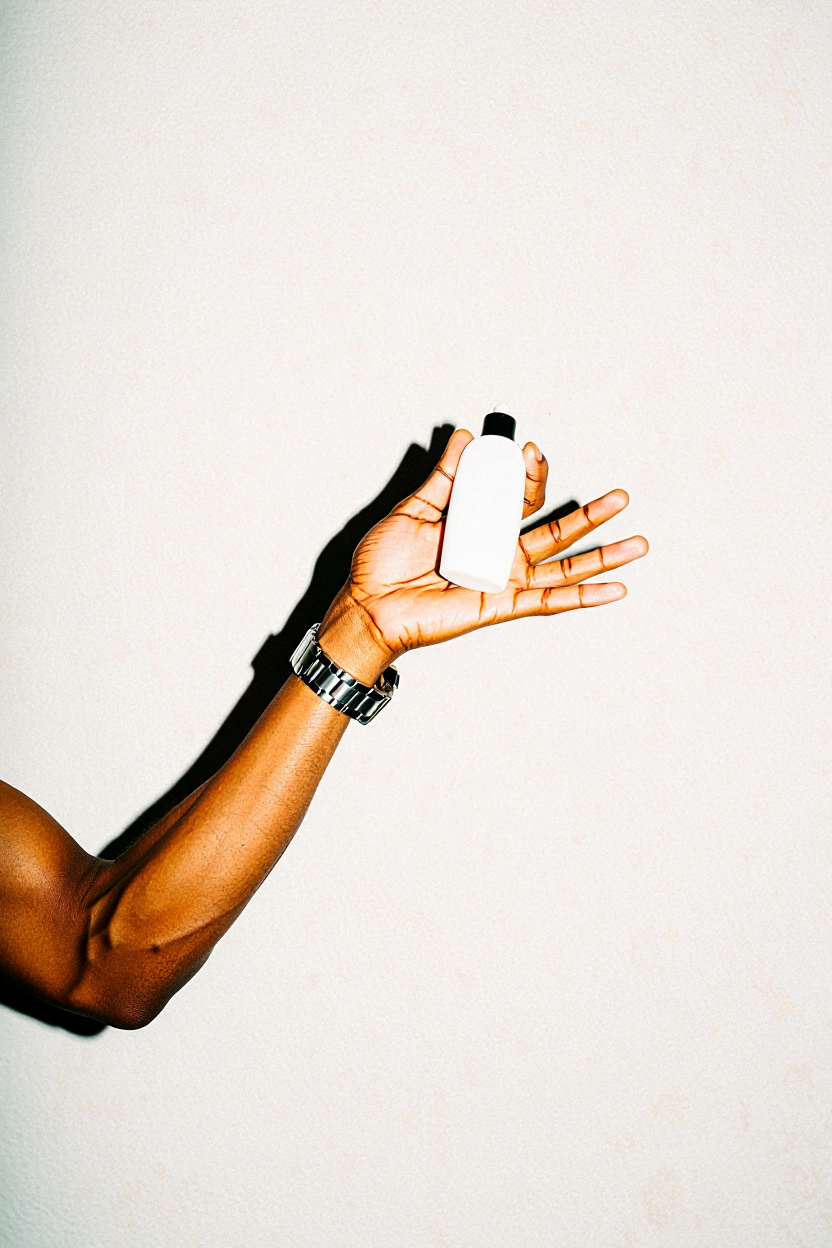 Hand holding a small bottle against a plain background