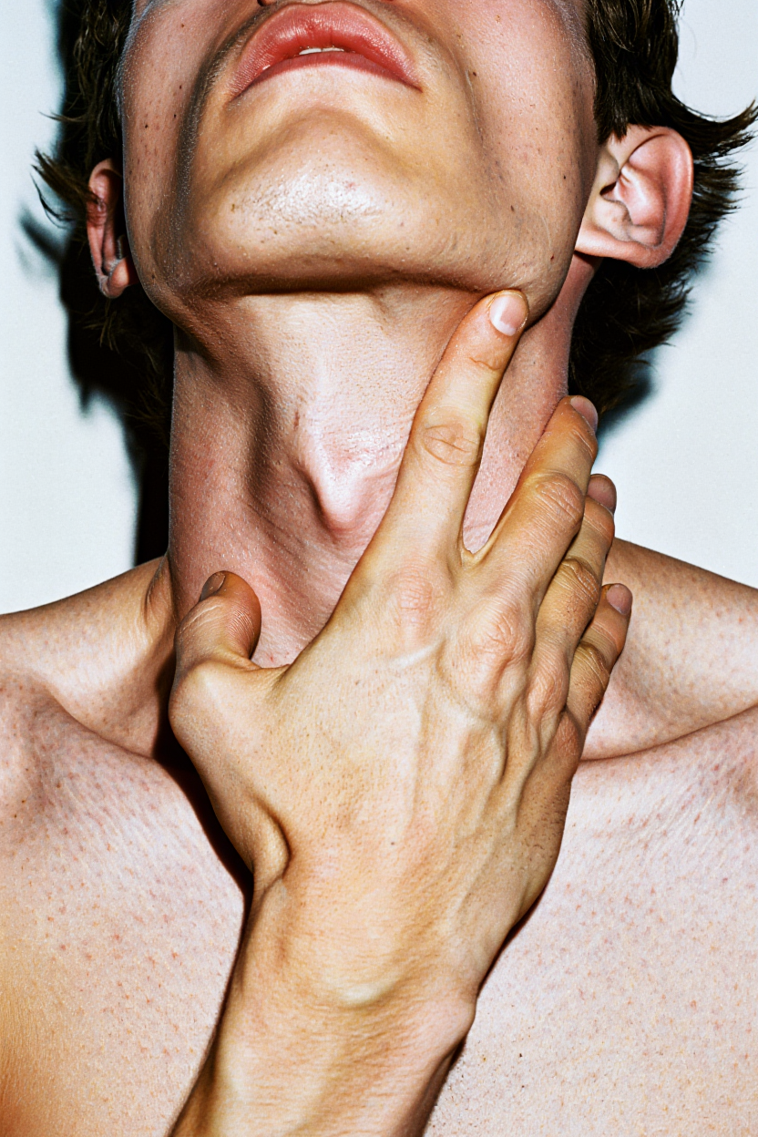 Close-up of a person holding their own neck with a blurred background
