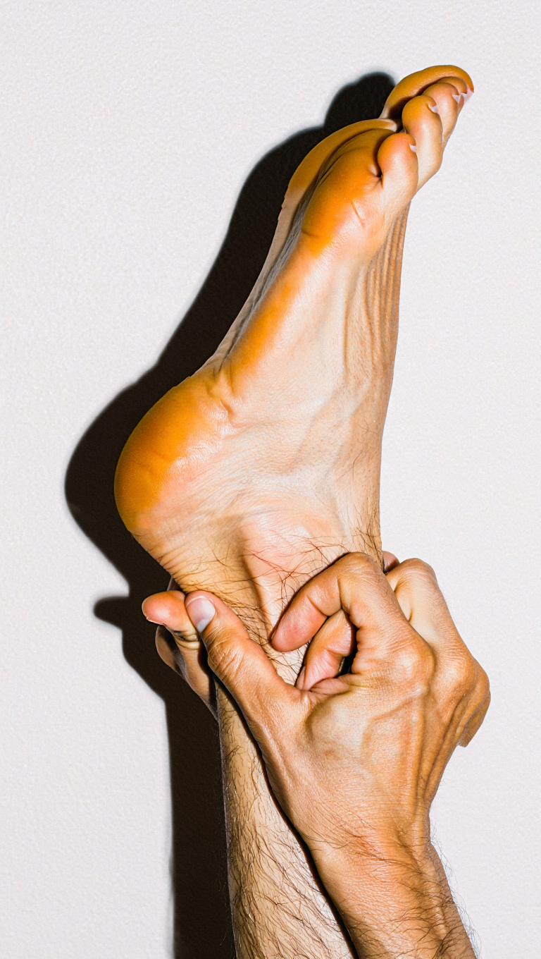 Close-up of a foot  pointing up in the air, and hands rubbing their achilles tendon, against a white background