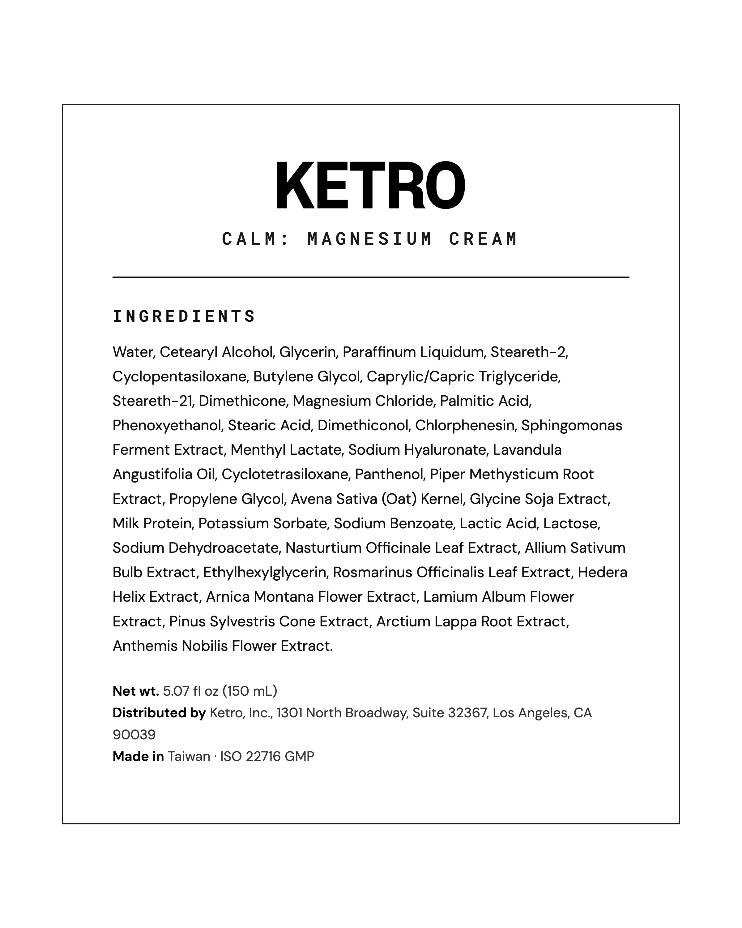 CALM Magnesium Cream full ingredient list label