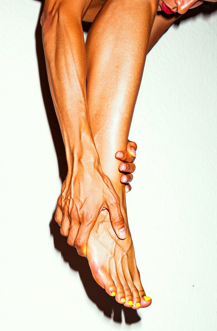Close-up of a person's foot  with yellow painted toenails on a white background