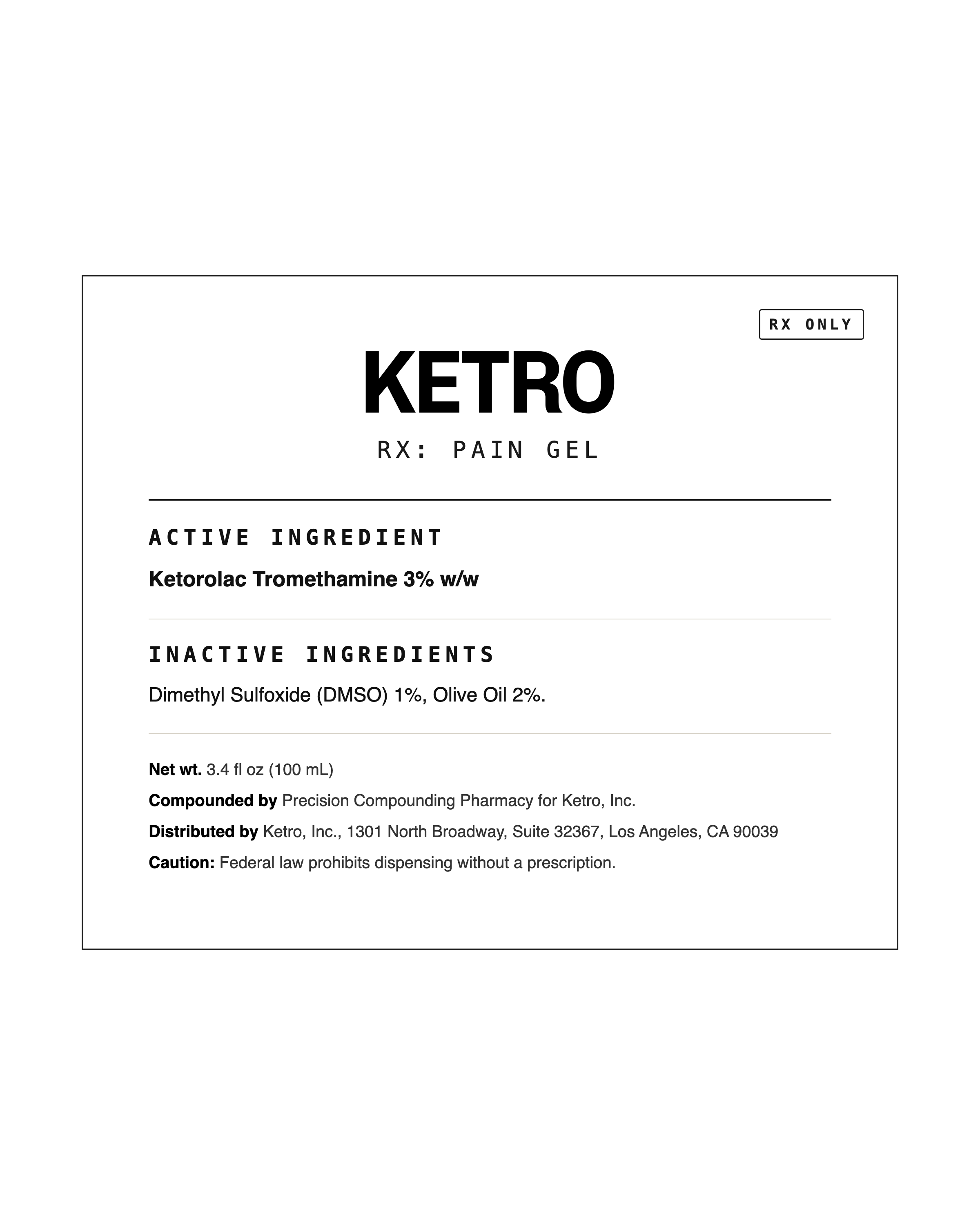 RX Pain Gel ingredient label — active and inactive ingredients